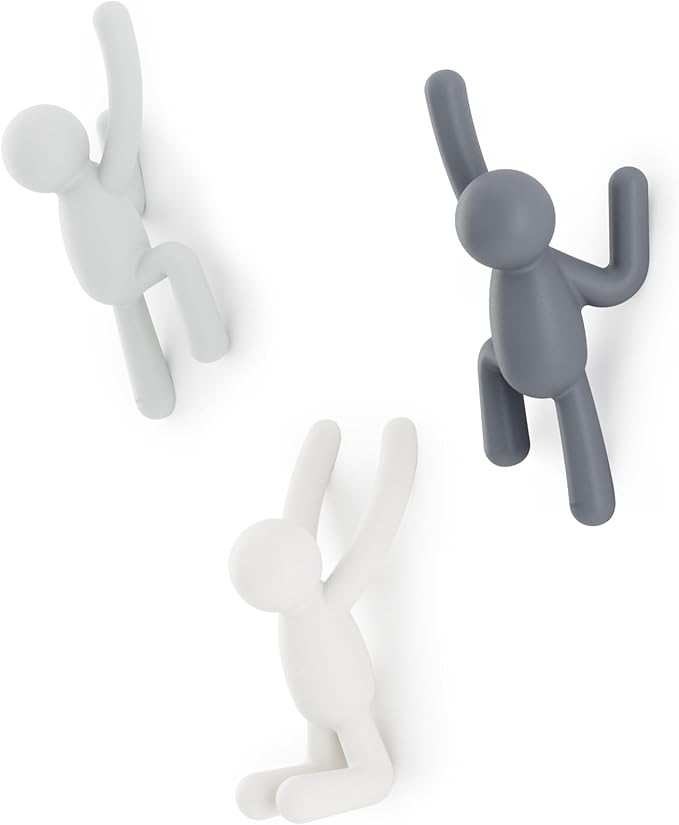 Umbra Buddy Wall Hooks – Decorative Wall Mounted Coat Hooks for Hanging Coats, Scarves, Bags, Purses, Backpacks, Towels and More, Set of 3, Grey