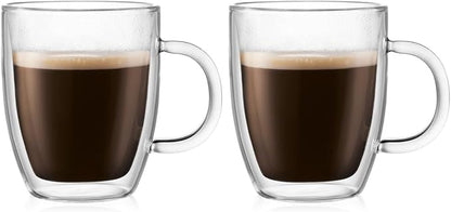 Bodum 10oz Bistro Double Wall Insulated Mug, High-Heat Borosilicate Glass, Set of 2, Clear