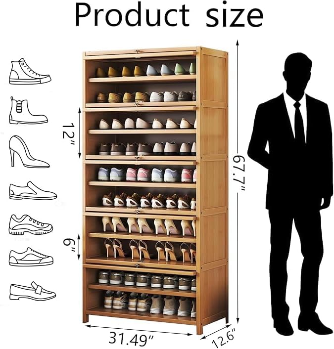 Tall Bamboo Shoe Cabinet with Doors, 10-Tier Shoe Rack for Closet, Freestanding Shoe Storage Cabinet for Hallway Living Room (Brown-06)