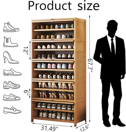 Tall Bamboo Shoe Cabinet with Doors, 10-Tier Shoe Rack for Closet, Freestanding Shoe Storage Cabinet for Hallway Living Room (Brown-06)