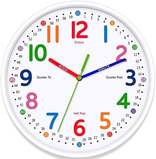 Kids Wall Clock: Telling Time Teaching Wall Clocks Silent Non-Ticking Clocks Battery Operated, Rustic Farmhouse Modern Clock Decorative for Kitchen Living Room Bedroom (10 Inch)