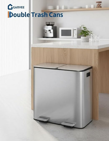 GarveeHome 2 x 8 gal Stainless Steel Double Trash Can with Lid for Kitchen, Large Dual Trash and Recycle Bin Combo, Step-on Kitchen Metal Garbage Cans, PP Inner Buckets, Liner Rim