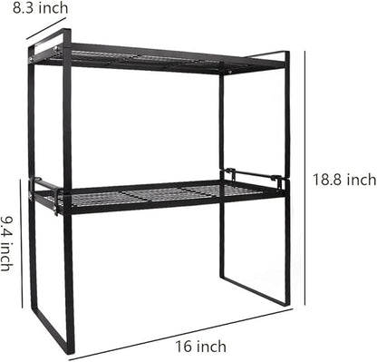 2 Pack Stackable Cabinet Shelf Organizer - Heavy-Duty Coated Metal Storage Rack, Non-Slip Space-Saving for Kitchen Pantry, Under Sink, Cupboard, Countertop (Black)