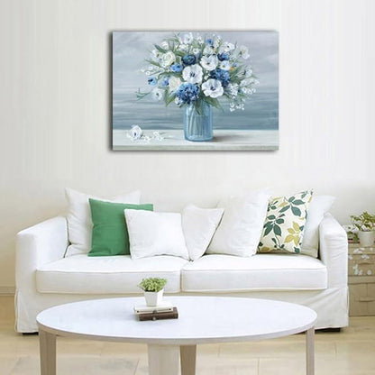 arteWOODS Vintage Flowers Canvas Wall Art Blue White Blossom Painting Retro Flowers in Vase Pictures Blue Ocean Seagull Background Artwork Prints for Bathroom Bedroom Wall Decor 28" X 20"