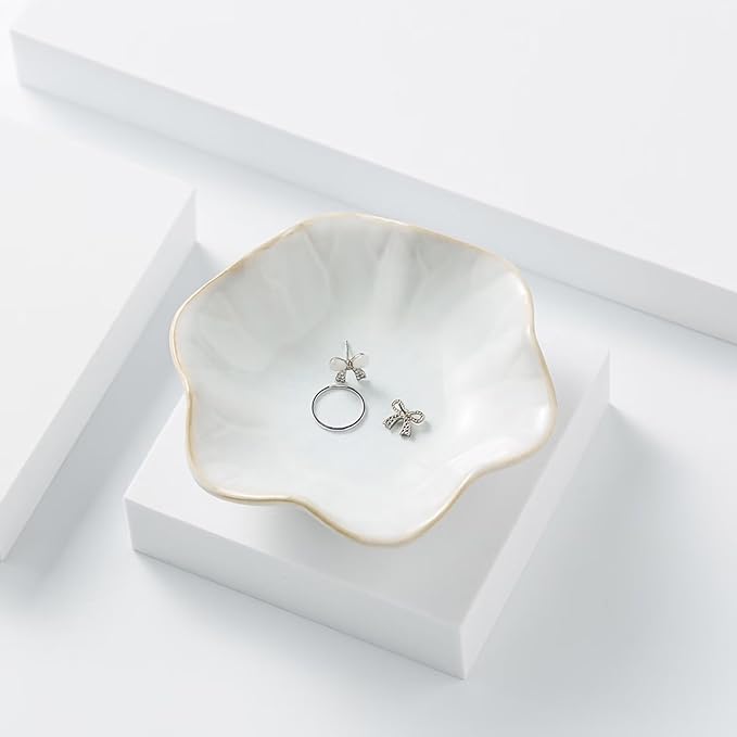2Pcs Ceramic Jewelry Dish - Lotus Leaf Shape, for Ring Holder Necklace Small Key, Suitable for Mother Friend Sister, Gifts for Women, Cute Plate Trinket Tray, Home Decor (Green & White)