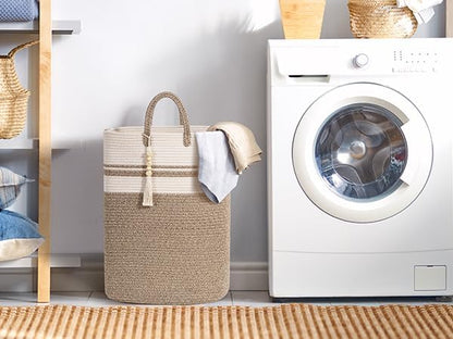 Woven Laundry Basket for Clothes, 50 L Large Rectangle Laundry Hampers with Beads Tassel, Nursery Storage Basket for Toys, Tall Dirty Clothes Hamper for Bedroom Aesthetic, Laundry Room Organization