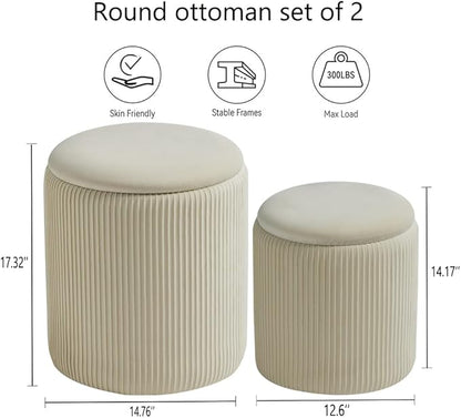 BLEXA Round Ottoman with Storage Set of 2-Upholstered Velvet Vanity Stool for Makeup Multifunctional Ottomans Coffee Table Padded Seat Foot Rest for Living Room&Bedroom(White-Upgrade Tray Lid)