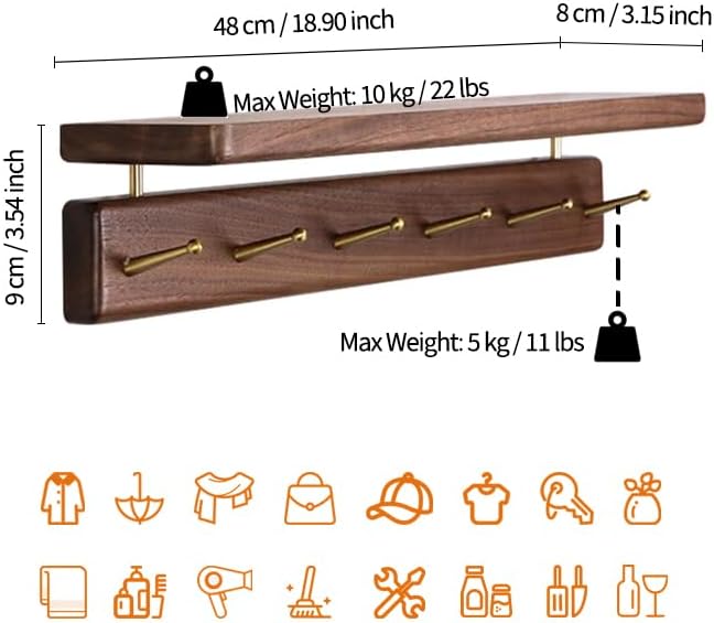 Solid Wood Shelf with Hooks, 19 inch Coat Rack Wall Mount, Shelves with 6 Brass Hooks for Hanging in Entryway, Living Room, Bathroom, Bedroom, Kitchen(Walnut)