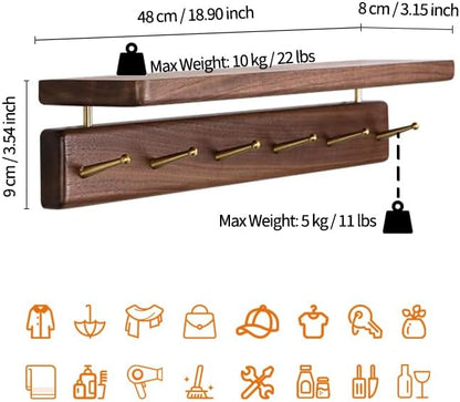 Solid Wood Shelf with Hooks, 19 inch Coat Rack Wall Mount, Shelves with 6 Brass Hooks for Hanging in Entryway, Living Room, Bathroom, Bedroom, Kitchen(Walnut)