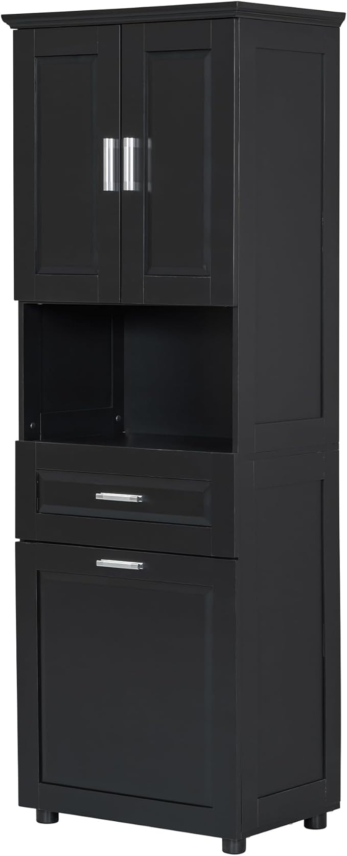 70" Tall Bathroom Storage Cabinet with Two Doors and Drawer, Open Space and Laundry Hampers for Home Display Organizer, Removable Laundry Basket, Adjustable Shelf, Black