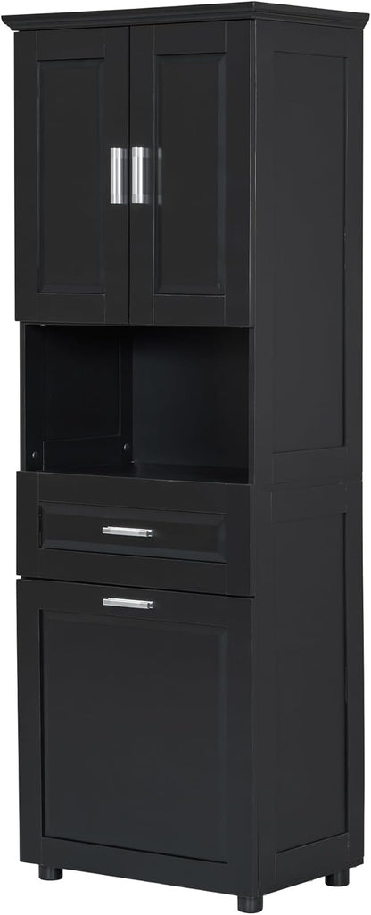 70" Tall Bathroom Storage Cabinet with Two Doors and Drawer, Open Space and Laundry Hampers for Home Display Organizer, Removable Laundry Basket, Adjustable Shelf, Black