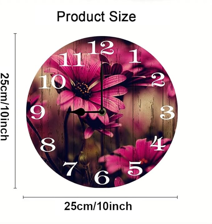 Pink Flowers Wall Clock 10 Inch Silent Non Ticking Battery Operated Wooden Modern Office Simple Minimalist Clock Decorative for Kitchen Home Bathroom Living Room