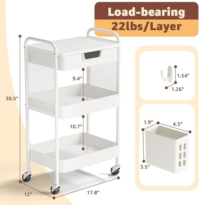 HIDODO 3 Tier Rolling Cart with Drawer, Metal Rolling Utility Cart on Wheels with Pegboard, Art Cart Storage Organizer with Tabletop for Living Room, Office, Bedroom (White)