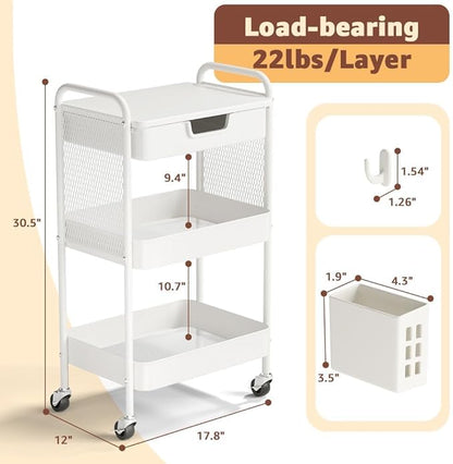 HIDODO 3 Tier Rolling Cart with Drawer, Metal Rolling Utility Cart on Wheels with Pegboard, Art Cart Storage Organizer with Tabletop for Living Room, Office, Bedroom (White)