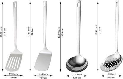 ReaNea Stainless Steel Kitchen Utensils Set, 4-Piece – Slotted Turner, Solid Turner, Skimmer & Ladle – Rust-Resistant, Long Handle, Hanging Loop, Dishwasher Safe – Everyday Cooking & Serving