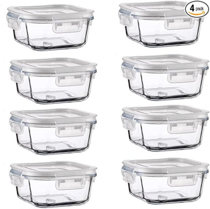 16oz Square Glass Food Storage Containers With Lids, 2 Cup Square Glass Food Containers With Lids, BPA free Small Meal Prep Bowls for leftovers, Dishwasher, Freezer Safe (8Pack)