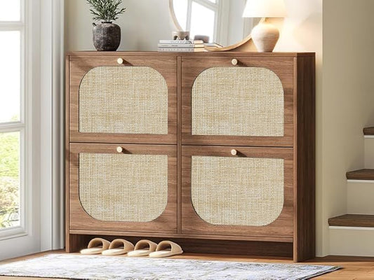 Nicetree Freestanding Ultra Slim Arched Rattan Accent Shoe Storage Cabinet for Entryway - 4 Flip Drawers & 3-Tier Adjustable Shelves, Farmhouse Modern Rustic Shoe Rack for Hallway, Foyer Oak