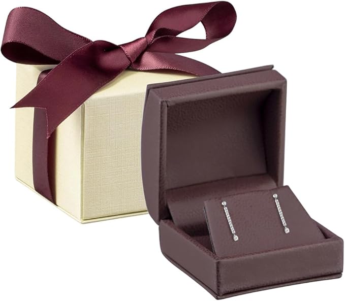 Luxury Dome-Shape Leather Earring Box for Women & Girls – Jewelry Gift Box Ideal for Studs, Small Hanging Earrings – Earring Case with Cream Ribbed Outer Box & Matching Bow Ribbon