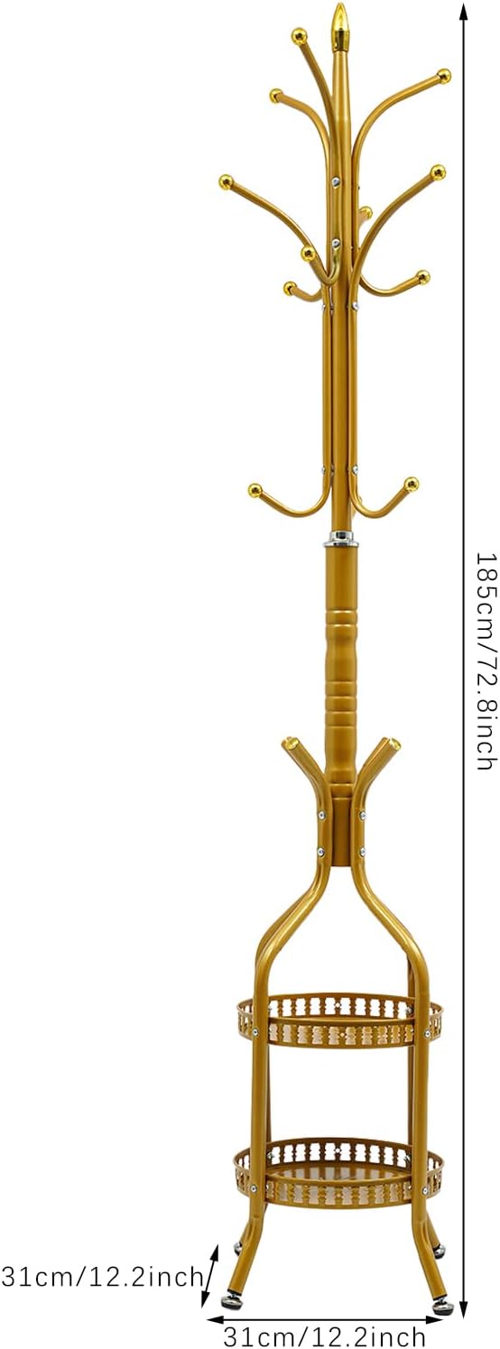 72.8in Coat Rack Freestanding 12 Hooks Coat Tree with Umbrella Holder Metal Modern Coat Hanger Stand for Entryway, Purse Rack Hat Rack Stand for Living Room Bedroom Office (Golden)