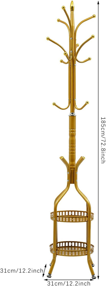 72.8in Coat Rack Freestanding 12 Hooks Coat Tree with Umbrella Holder Metal Modern Coat Hanger Stand for Entryway, Purse Rack Hat Rack Stand for Living Room Bedroom Office (Golden)