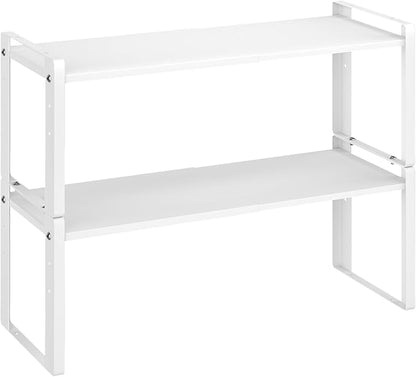 2 Pack Expandable Cabinet Organizer Shelves, 88lbs High Weight Capacity, Stackable Heavy-Duty Metal Storage Rack, Adjustable Cabinet Shelf for Kitchen, Pantry, Cupboard, Under Sink, White
