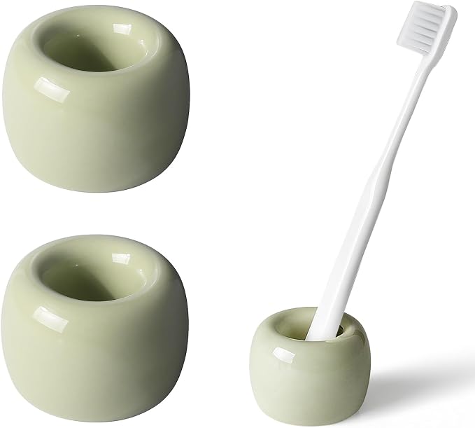 AirMoon Mini Ceramic Toothbrush Holder for Bathroom - Dark Green Small Countertop Organizer, Easy Clean Toothbrush Stand, Suit for Electric Toothbrush Head, Pens & Coffee Spoon, Pack of 2