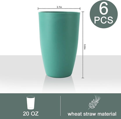 PYRMONT Wheat Straw Cups 20 Oz Alternative Plastic Cups Set of 6 Unbreakable Big Cups for Kitchen Dishwasher & Microwave Safe Large Water Cups for Iced Coffee,Smoothie-Green