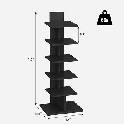 TUTOTAK Narrow Bookshelf, 6-Tier Bookcase, Spine Book Shelf for Small Space, Corner Standing Shelf for Living Room, Office, Study, Entryway, Black BS06BK016