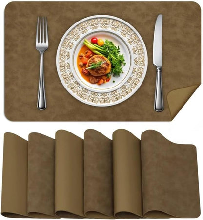 BLESWIN Faux Leather Placemats, Set of 6, 12×17 Inch -Double Side Texture Color Table Mats, Heat-Resistant, Waterproof and Oil-Resistant, Suitable for Dining Room, Kitchen, Party, Outdoor - Khaki