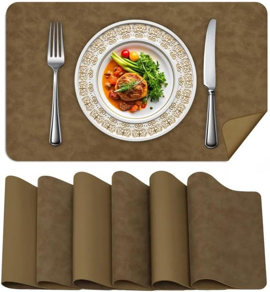 BLESWIN Faux Leather Placemats, Set of 6, 12×17 Inch -Double Side Texture Color Table Mats, Heat-Resistant, Waterproof and Oil-Resistant, Suitable for Dining Room, Kitchen, Party, Outdoor - Khaki