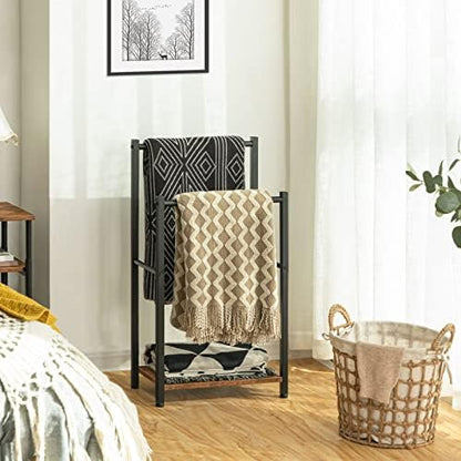 HOOBRO Free Standing 2 Tier Towel Rack for Bathroom and 6-Tier Blanket Ladder with Hooks Bundle, Blanket Holder, Drying and Display Rack with Shelf, Rustic Brown and Black BF02LB01-BF66CJ01