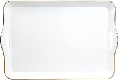 Spsyrine White Decorative Serving Tray with Handles, Elegant Plastic Coffee Table Tray for Ottoman, Living Room, Home Decor