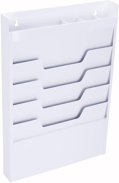 Office Wall Rack for File Folder or Magazine, 4 Tier, Top Organizer (White Powder Coated Steel)