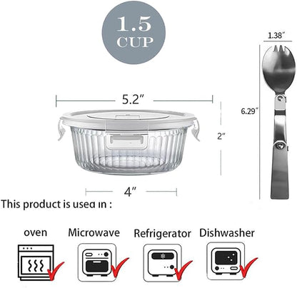H.JSS WDJS 1.5 cup Round Glass Food Containers with Lids and Spoon, 12oz Small Glass Lunch Storage Containers, Small Round Meal Prep Bowls for Office, Outdoor. Microwave, Freezer, Dishwashe safe