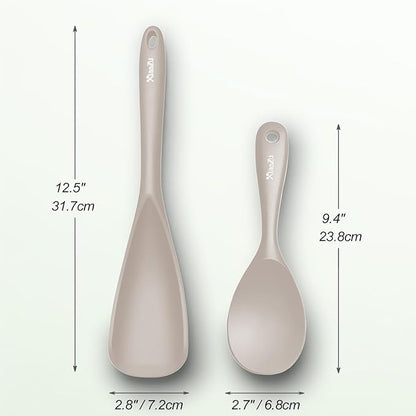 Cooking Spoon and Rice Scooper Set for Nonstick Cookwares, Heat Resistant- Seamless Design, Great for Cooking, Serving, Mixing, Scoop, and Scrape,2 Pack, Khaki