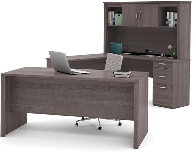 Atlin Designs Modern Wood U Shape Computer Desk with Hutch in Bark Gray