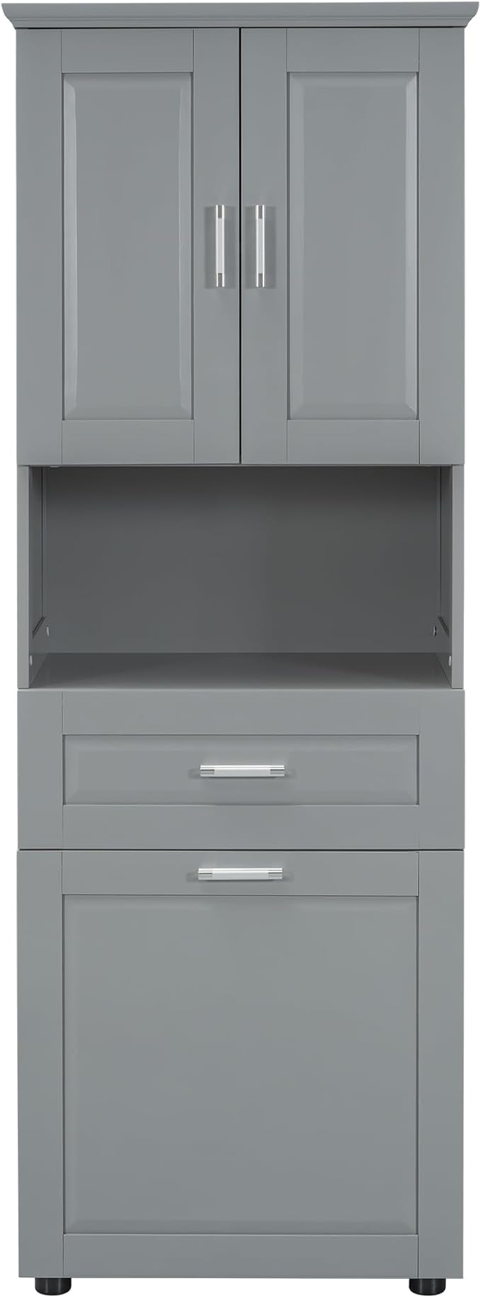 70" Tall Bathroom Storage Cabinet with Two Doors and Drawer, Open Space and Laundry Hampers for Home Display Organizer, Removable Laundry Basket, Adjustable Shelf, Gray