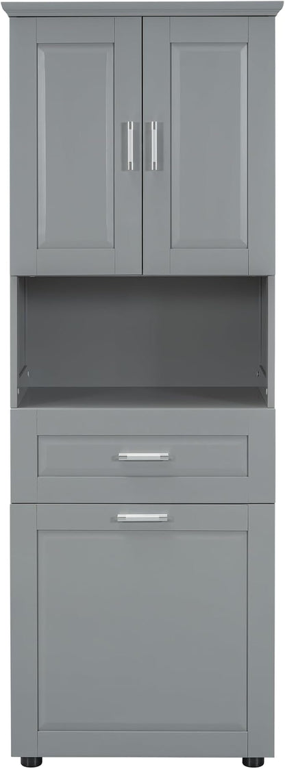 70" Tall Bathroom Storage Cabinet with Two Doors and Drawer, Open Space and Laundry Hampers for Home Display Organizer, Removable Laundry Basket, Adjustable Shelf, Gray