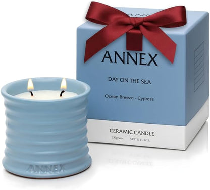 Annex Sea Breeze & Cypress Balls Luxury Scented Candle - Handmade Ceramic Jar - 50hr Clean Burn, Non-Toxic Soy Wax - Aesthetic Home Decor Winter Gift for Men & Women - Sandalwood & Oud