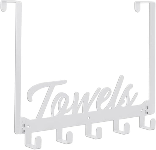 Azmoncy Over The Door Hooks, Towel Rack for Bathroom & Bedroom, Heavy Duty Over Door Towel Hanger with 5 Coat Hooks, White