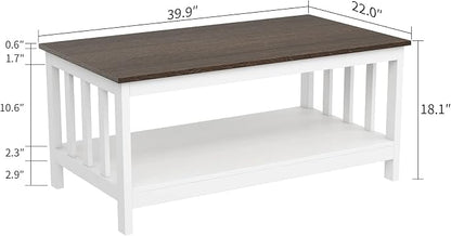 ChooChoo Farmhouse Coffee Table, White Living Room Table with Shelf, 40 Inch