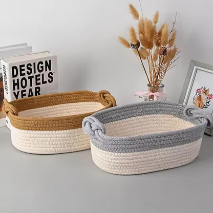 Set of 2 Cotton Woven Baskets 100% – Decorative Storage Set, Easy to Carry, Modern Design in Beige or Gray, Ideal for Bathroom, Bedroom, Living Room, Nursery & Gift Giving