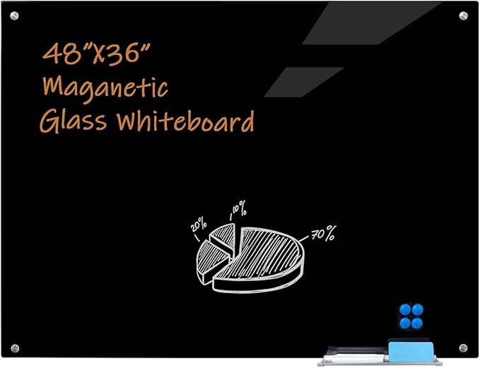 Glass Magnetic Dry Erase Board 48"x 36", Glass Blackboard for Wall Frameless Magnetic Blackboard for Office Home School