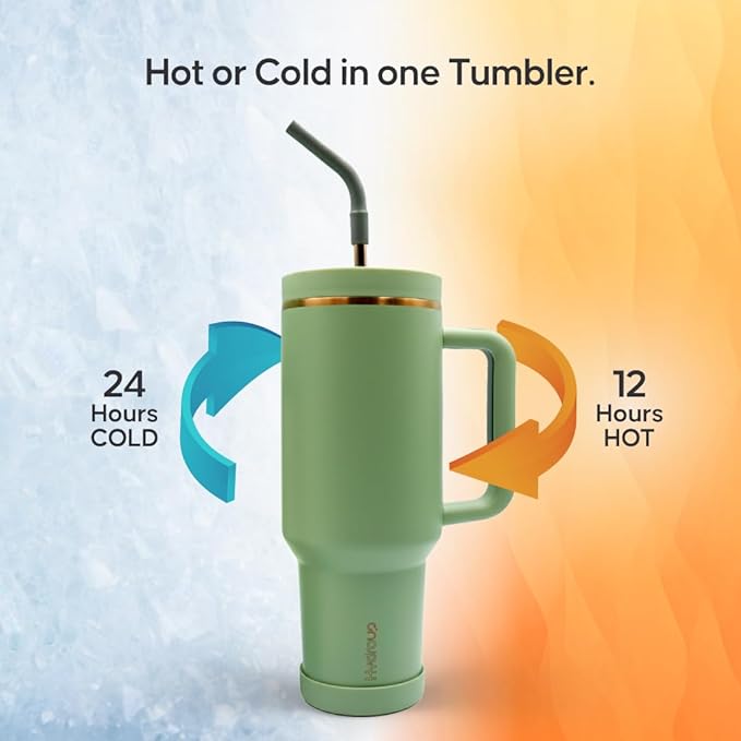 40oz Travel Tumbler Cup with Handle, Two-Way Slider Lid, Stainless Steel Straw with Silicone Tip, Vacuum Insulated Water Bottle for Hot & Cold Drinks, Great Gifts for Mom (Green Gold)