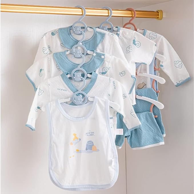 HGYZE Kid Hangers for Closet 50pcs, Blue Infant Clothes Hanger 11-14" Adjustable Plastic Baby Coat Perchas with Bear Hook, Non-Slip Children Outfit Hangars for Boy Toddler Newborn Teen Clothing