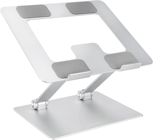 Amazon Basics Sturdy and Portable Ergonomic Laptop Stand for Desk, Height Adjustable Riser with Ventilated Cooling, Foldable, Fits all Laptops up to 15.6 Inch, Silver