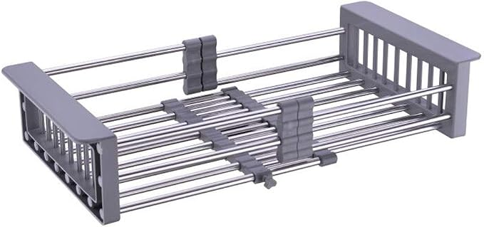 Dish Drying Rack, Stainless Steel Dish Drainer with Adjustable Arms Holder Functional Kitchen Sink Organizer for Vegetable and Fruit, Gray Large