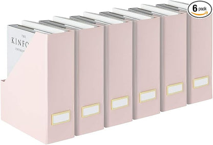 BLU MONACO | Cardboard Magazine File Holder Set of 6 Pink | Vertical Magazine File Holder with Gold Label Slots | Standing File Holder and Cardboard Bins for Shelves Desk Storage
