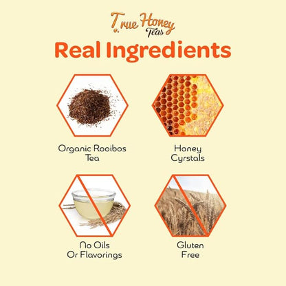 True Honey Rooibos Tea Bags - Honey Crystals Blended in Every Sachet - Decaf Red Rooibos Tea - All Natural Organic Herbal Caffeine Free Tea Bag 24 Count