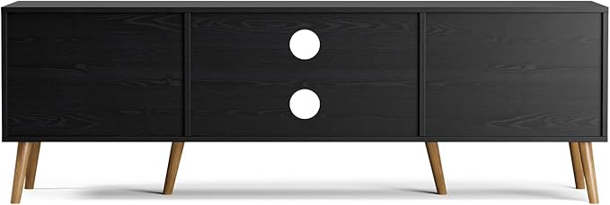 ZttRiee TV Stand for TVs up to 65'', Entertainment Center with Rattan Door, Shelves & 2 Cabinets, Boho Media TV Console for Living Room, Bedroom, Black